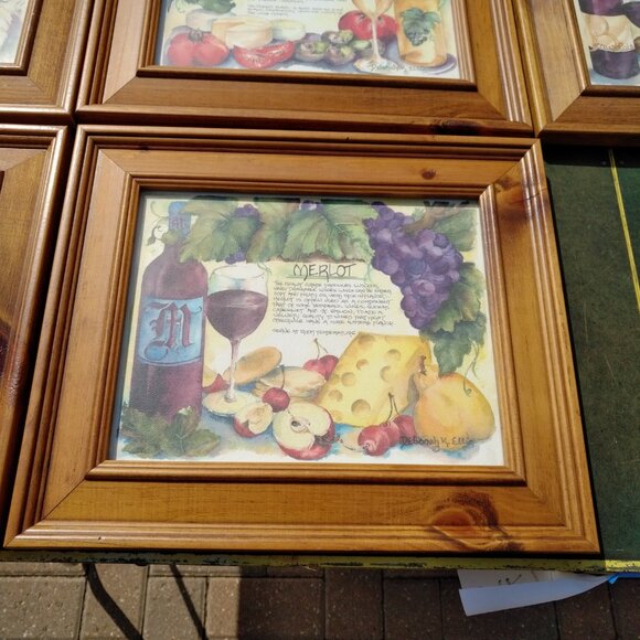 SET OF FIVE WATERCOLOR WINE PRINTS IN STEPPED PINE WOOD FRAMES WITH GLASS - Picture 16 of 16